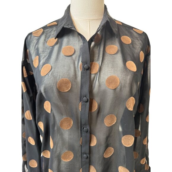 Zara XS Basic Sheer Black & Brown Polka Dot Long Sleeve Button-Up Blouse - Picture 4 of 9